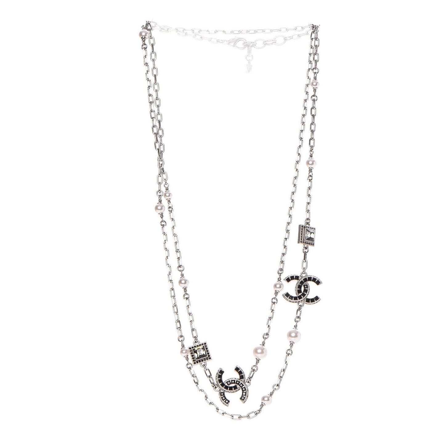 Pearl Crystal Baguette CC Long Necklace Silver
