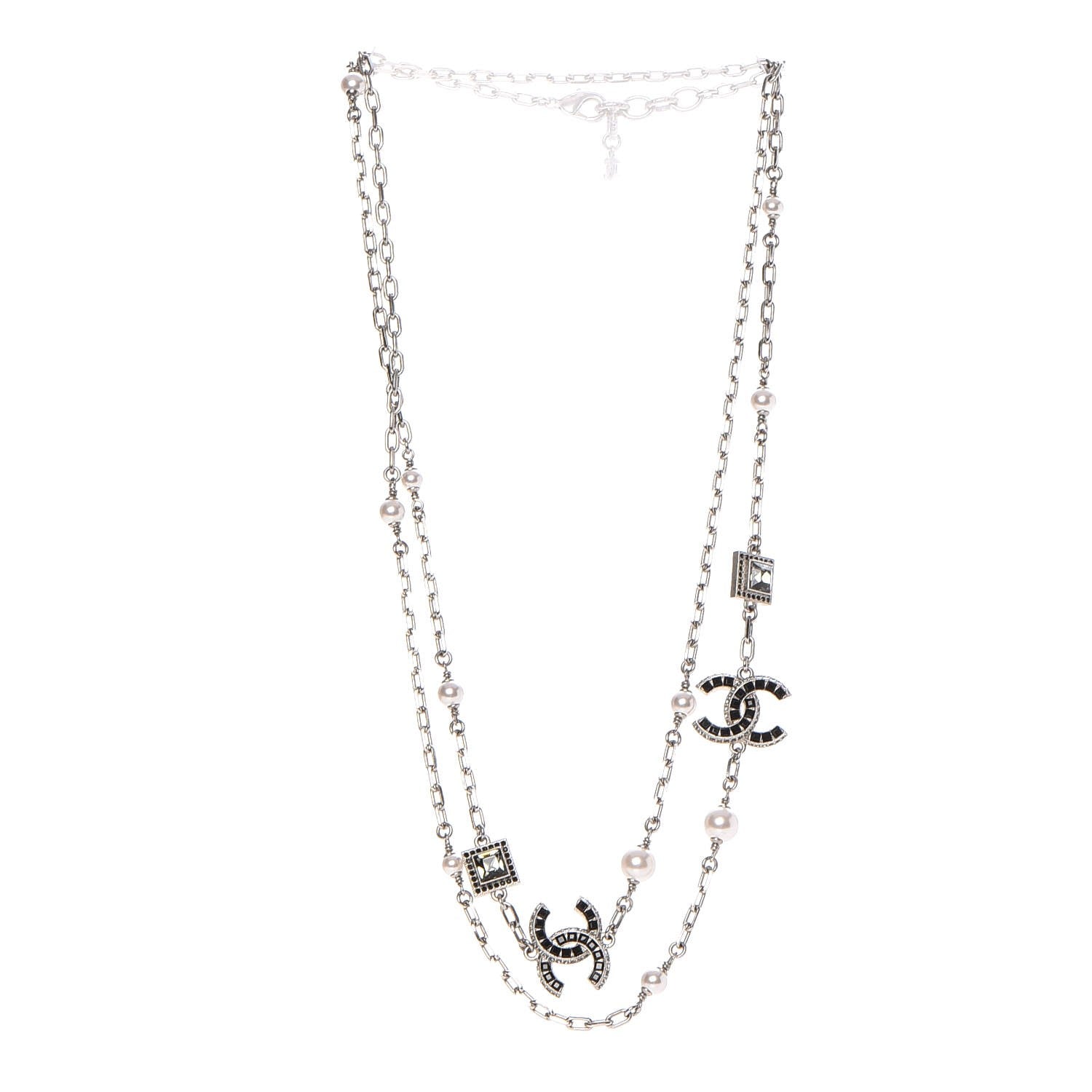 Chanel Pearl Crystal Baguette CC Long Necklace Silver 5 of 7