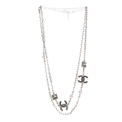 Chanel Pearl Crystal Baguette CC Long Necklace Silver 5 of 7