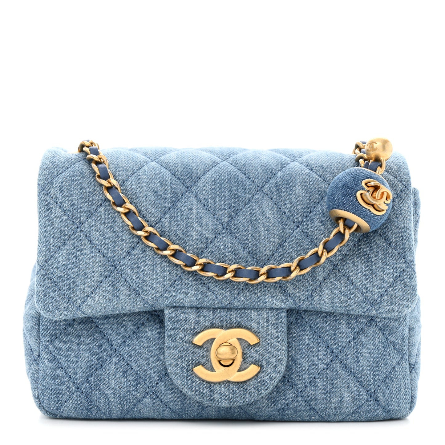 Denim Quilted Mini Pearl Crush Flap Blue