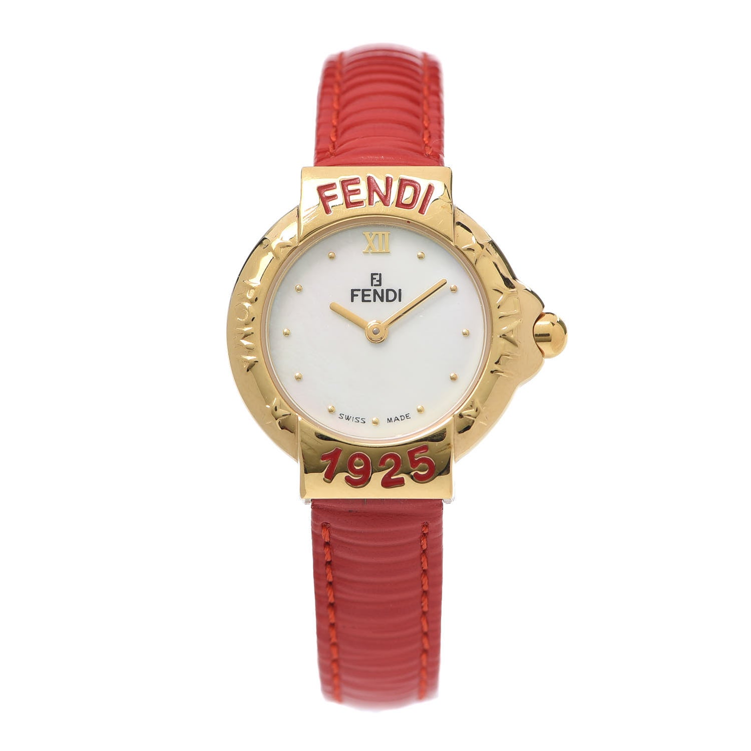 Fendi Stainless Steel Calfskin Mother of Pearl 26mm 430L Quartz Watch Red 1 of 5