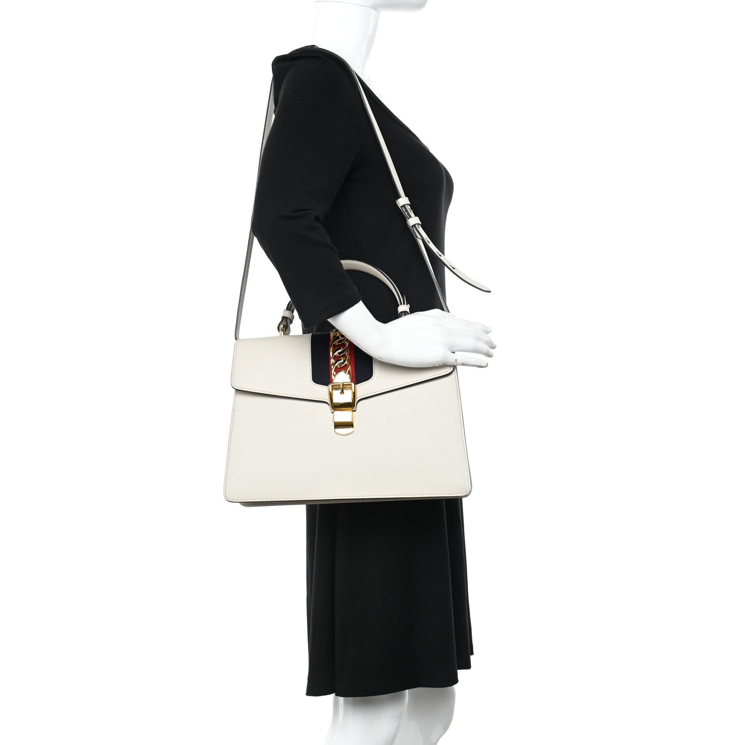 Gucci Calfskin Web Medium Sylvie Top Handle Bag White 2 of 11