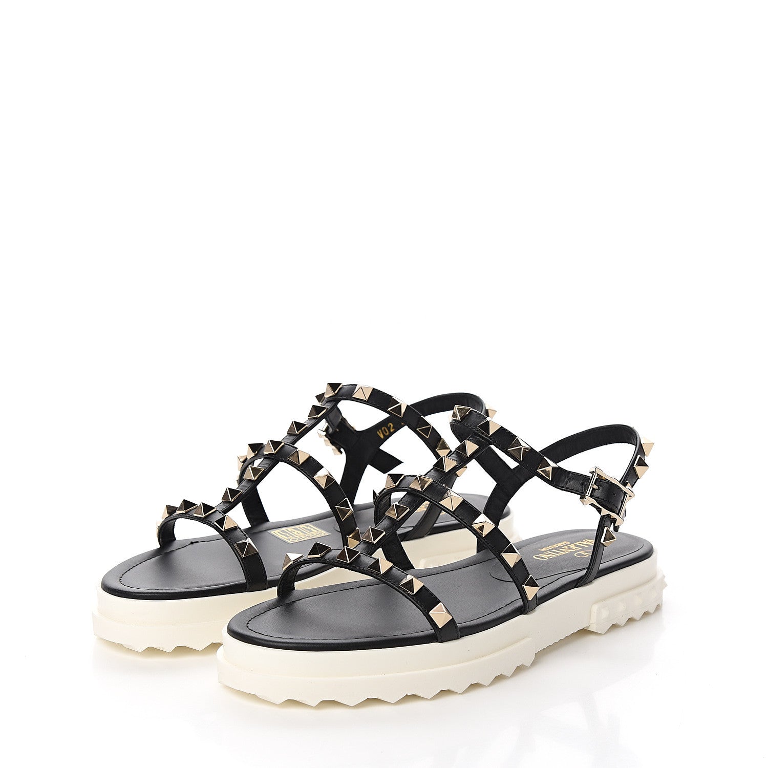 Valentino Garavani Calfskin Bedrock Rockstud Ankle Flat Sandals 35 Black 3 of 9
