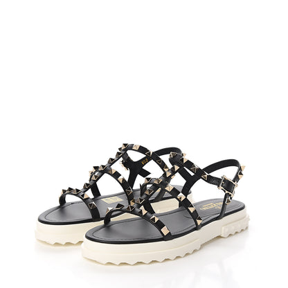 Valentino Garavani Calfskin Bedrock Rockstud Ankle Flat Sandals 35 Black 3 of 9