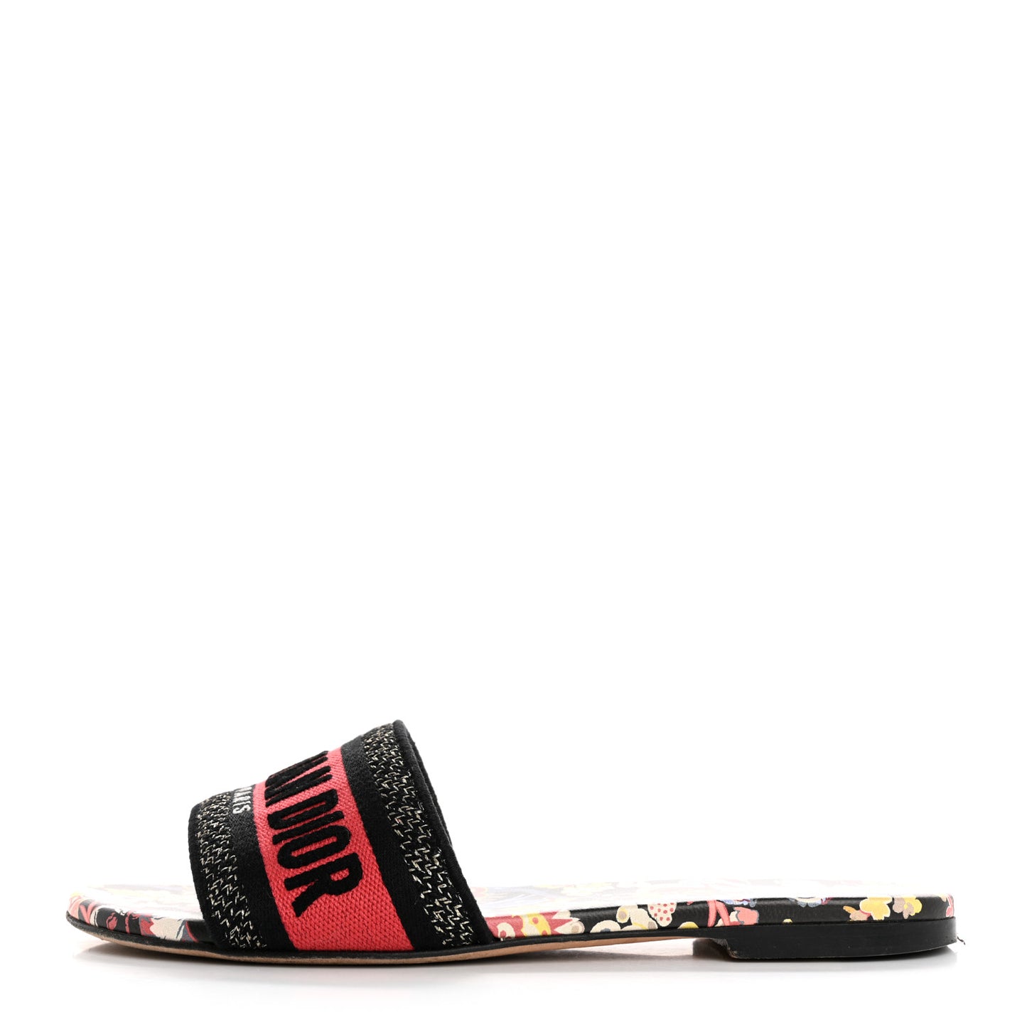 Canvas Toile de Jouy Pop Embroidered Dway Flat Slide Sandals 36.5 Black Multicolor