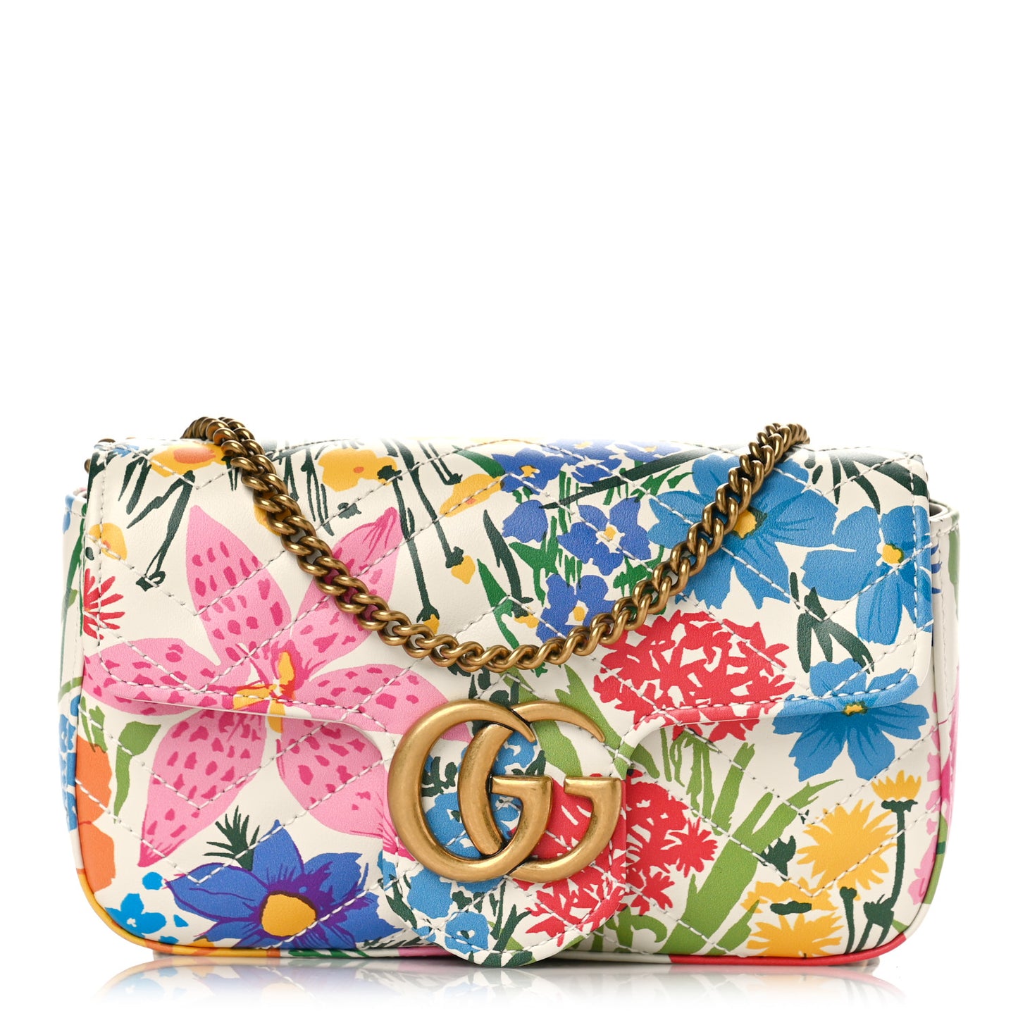 X KEN SCOTT Calfskin Matelasse Floral Print Super Mini GG Marmont Shoulder Bag Ivory Pink
