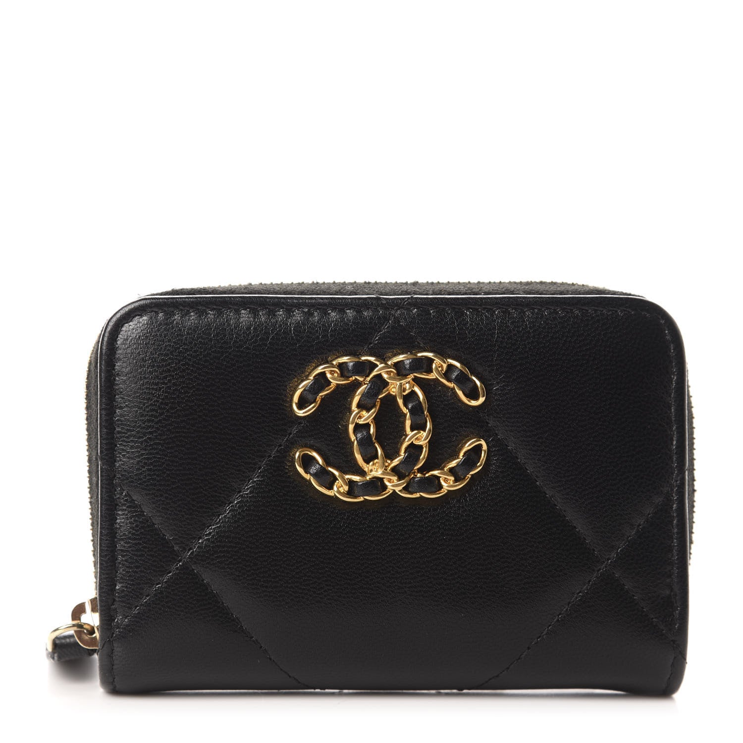 Chanel Shiny Goatskin Quilted Chanel 19 Zip Around Coin Purse Wallet Black 1 of 8