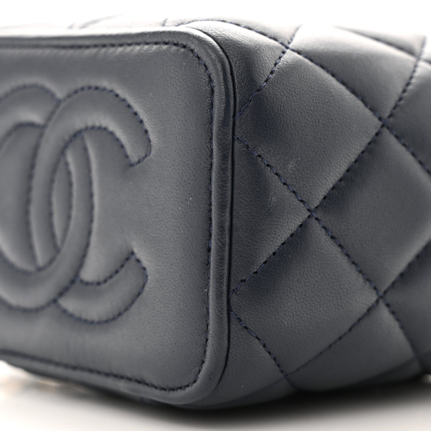 Lambskin Quilted Top Handle Mini Vanity Case With Chain Dark Blue Light Blue