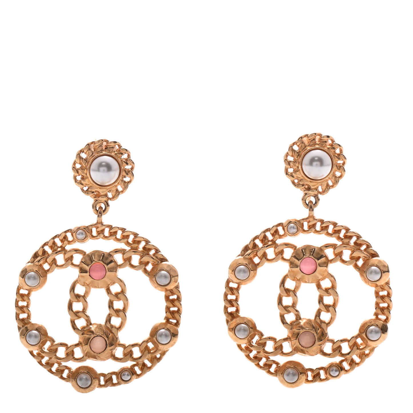 Pearl Gripoix CC Chain Drop Clip On Earrings Gold
