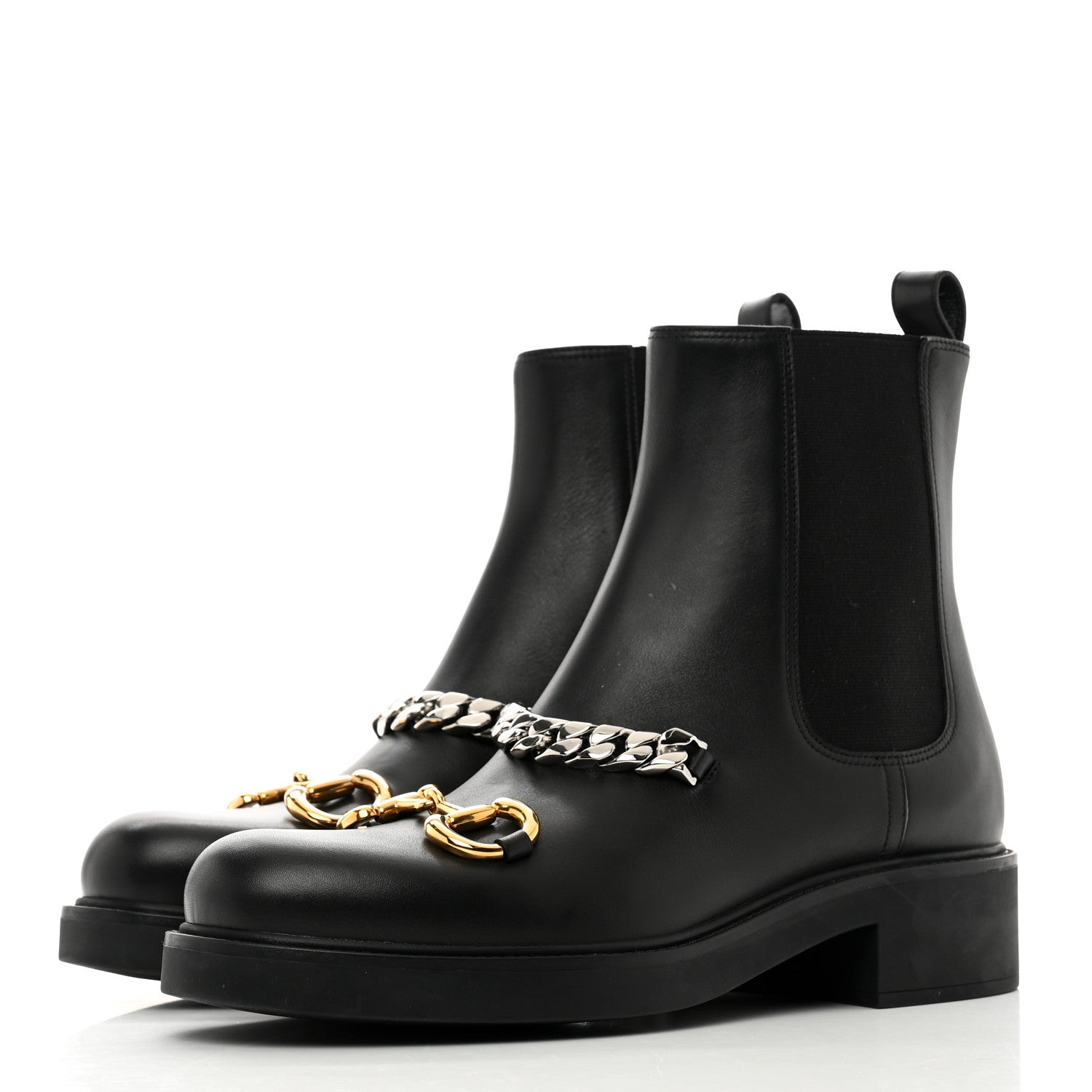 Gucci Flores Calfskin Horsebit Chain Ankle Boots 41 Black 3 of 9