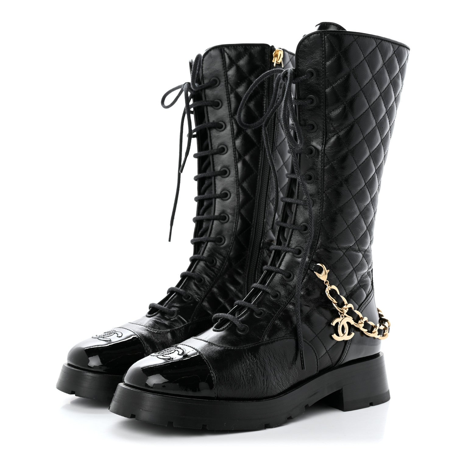 Chanel Shiny Calfskin Patent Quilted Chain Lace Up Combat Long Boots 37 Black 3 of 11