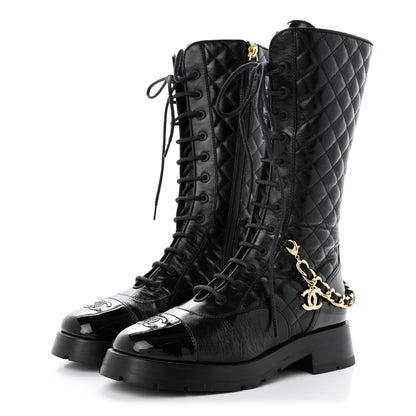 Chanel Shiny Calfskin Patent Quilted Chain Lace Up Combat Long Boots 37 Black 3 of 11