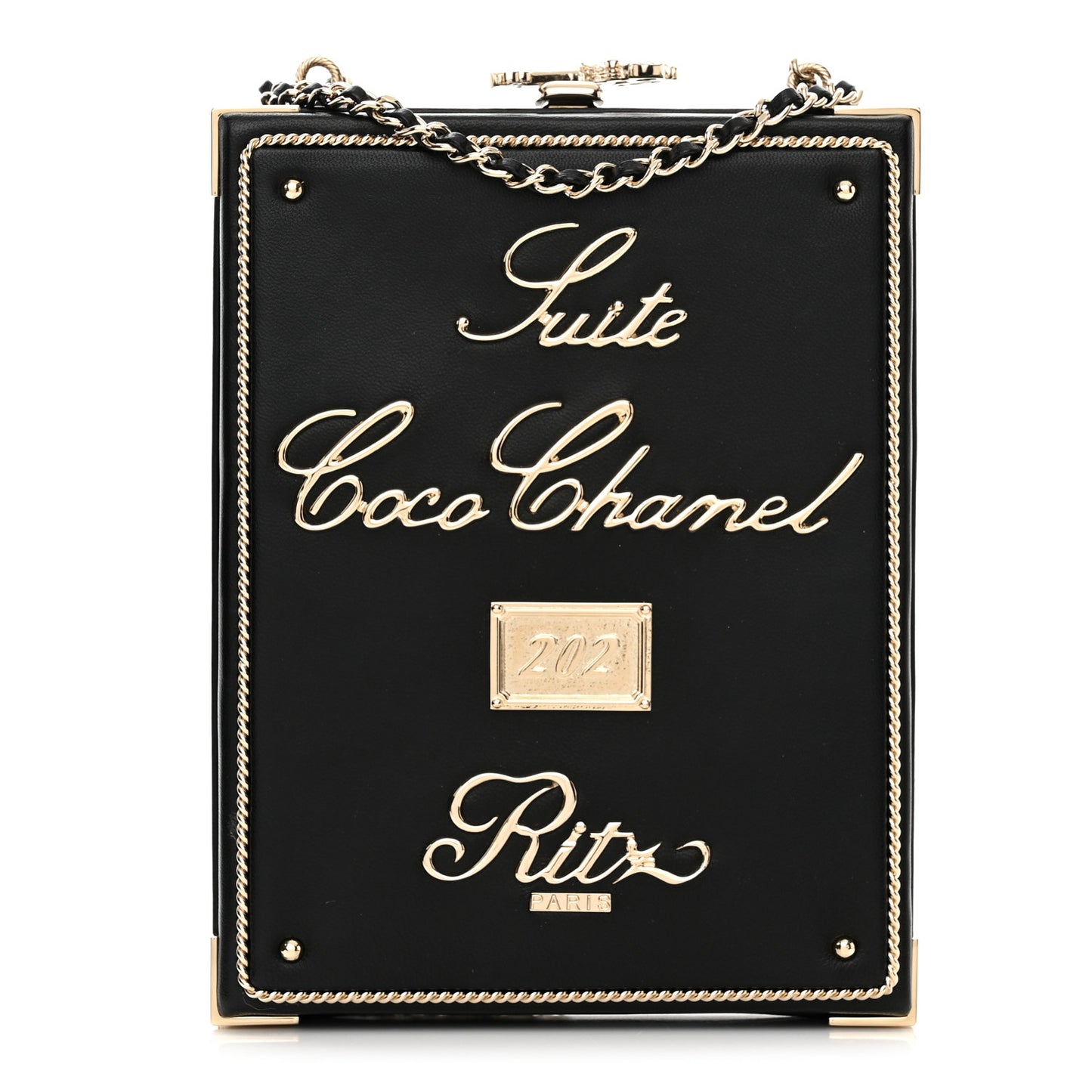 Lambskin Room Card Minaudiere Evening Bag Black Gold