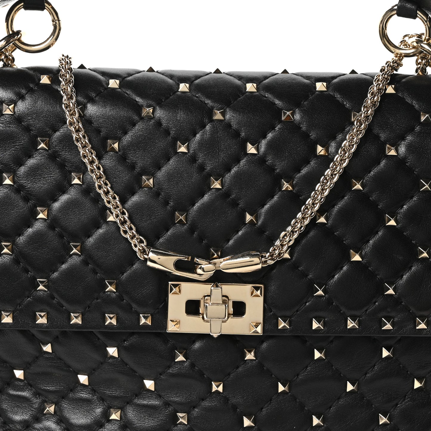 Craquele Nappa Large Rockstud Spike Shoulder Bag Black