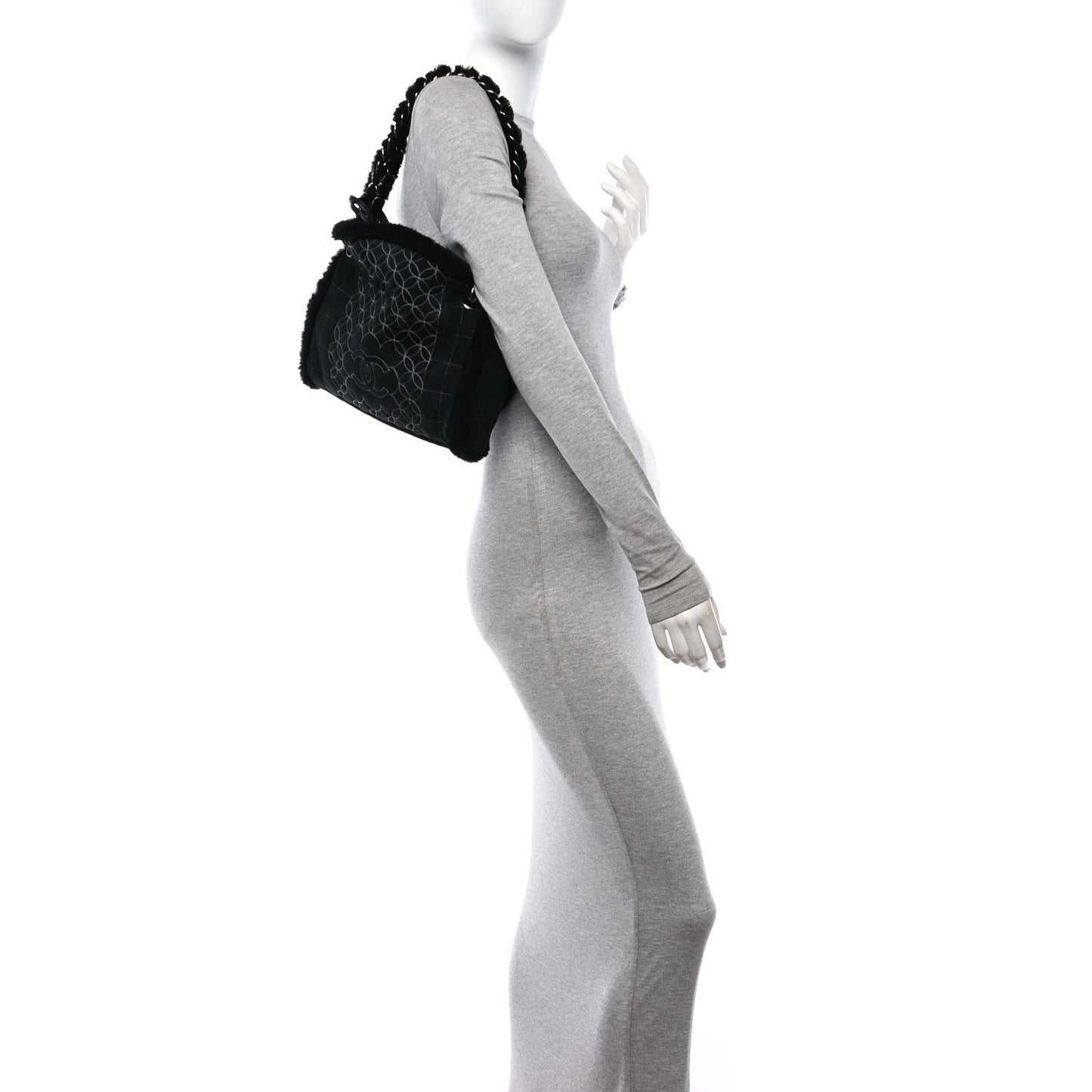 Suede Shearling Stitched CC Mini Tote Black