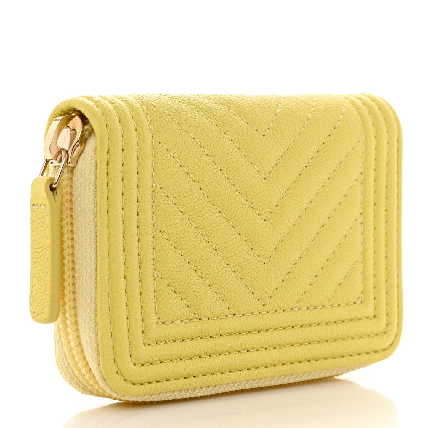 Caviar Chevron Quilted Boy Zip Around Coin Purse Wallet Yellow