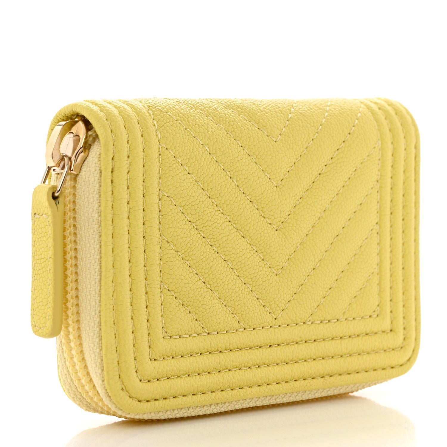 Chanel Caviar Chevron Quilted Boy Zip Around Coin Purse Wallet Yellow 3 of 8
