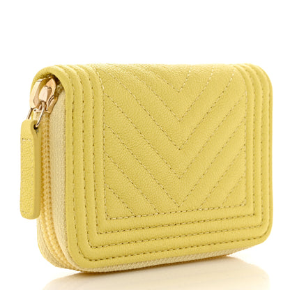 Chanel Caviar Chevron Quilted Boy Zip Around Coin Purse Wallet Yellow 3 of 8