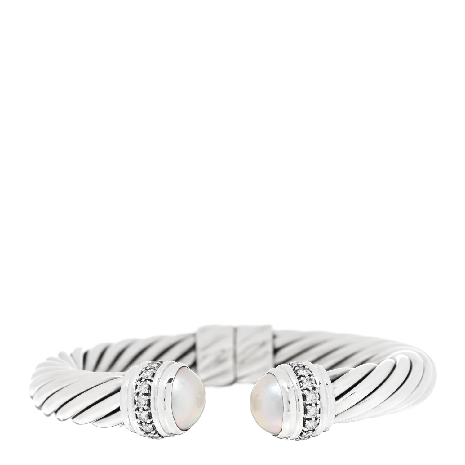 David Yurman DAVID YURMAN Sterling Silver Pearl Diamond 10mm Cable Classics Hinged Bracelet 1 of 3