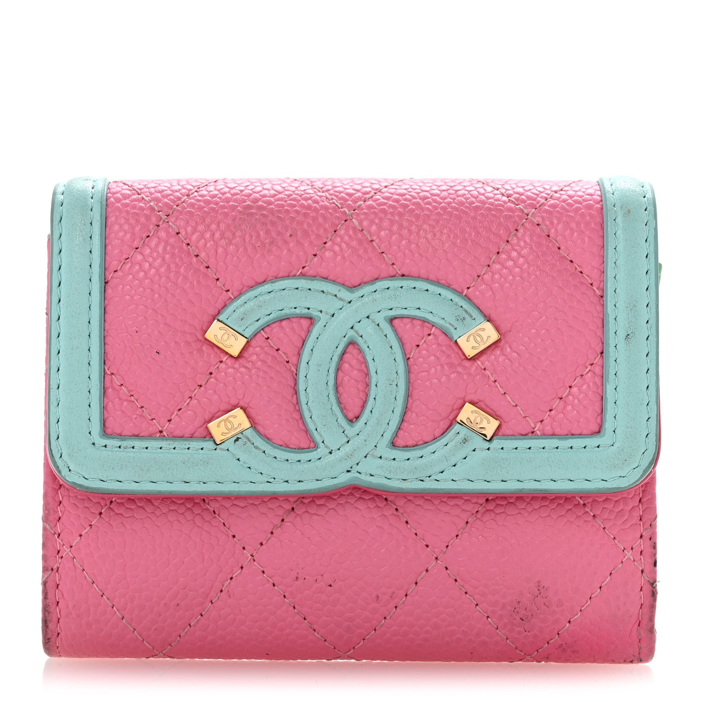 Caviar Quilted Filigree Flap Card Holder Pink Blue Green