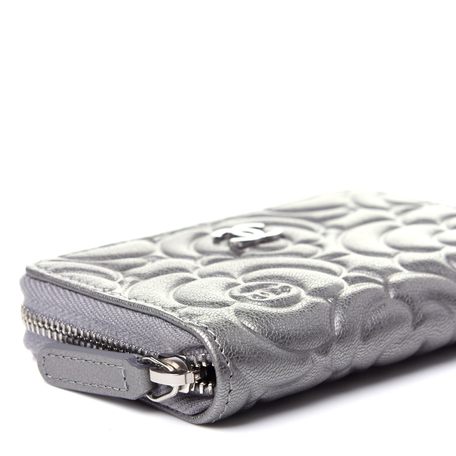 Chanel Goatskin Camellia Embossed Zip Coin Purse Silver 16 of 20