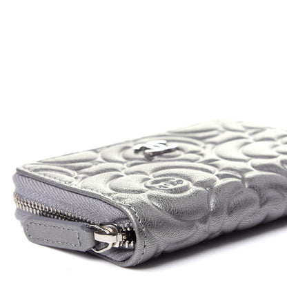 Chanel Goatskin Camellia Embossed Zip Coin Purse Silver 16 of 20