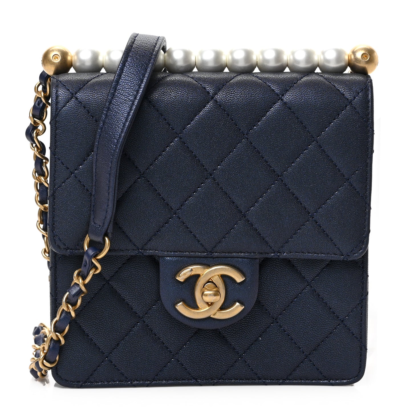 Iridescent Lambskin Quilted Chic Pearls Flap Navy Blue