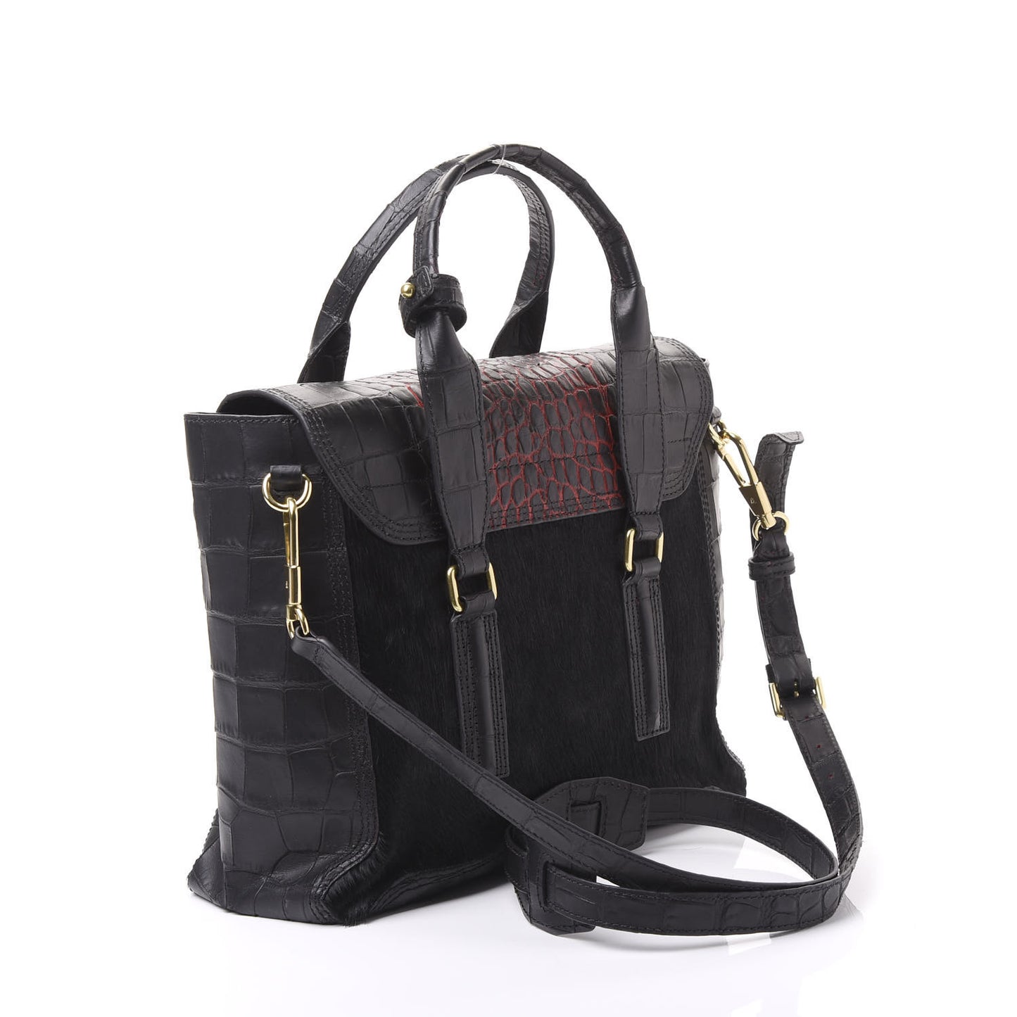 3.1 Calf Hair Calfskin Crocodile Embossed Medium Pashli Satchel Antique Red Black