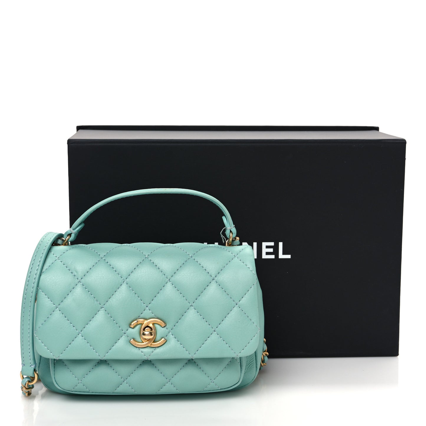 Calfskin Quilted Top Handle Flap Light Blue