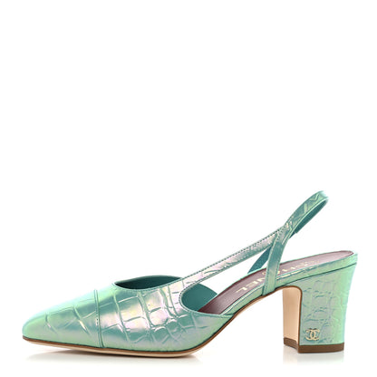 Chanel Iridescent Embossed Patent CC Cap Toe CC Slingback Pumps 37.5 Turquoise 1 of 10