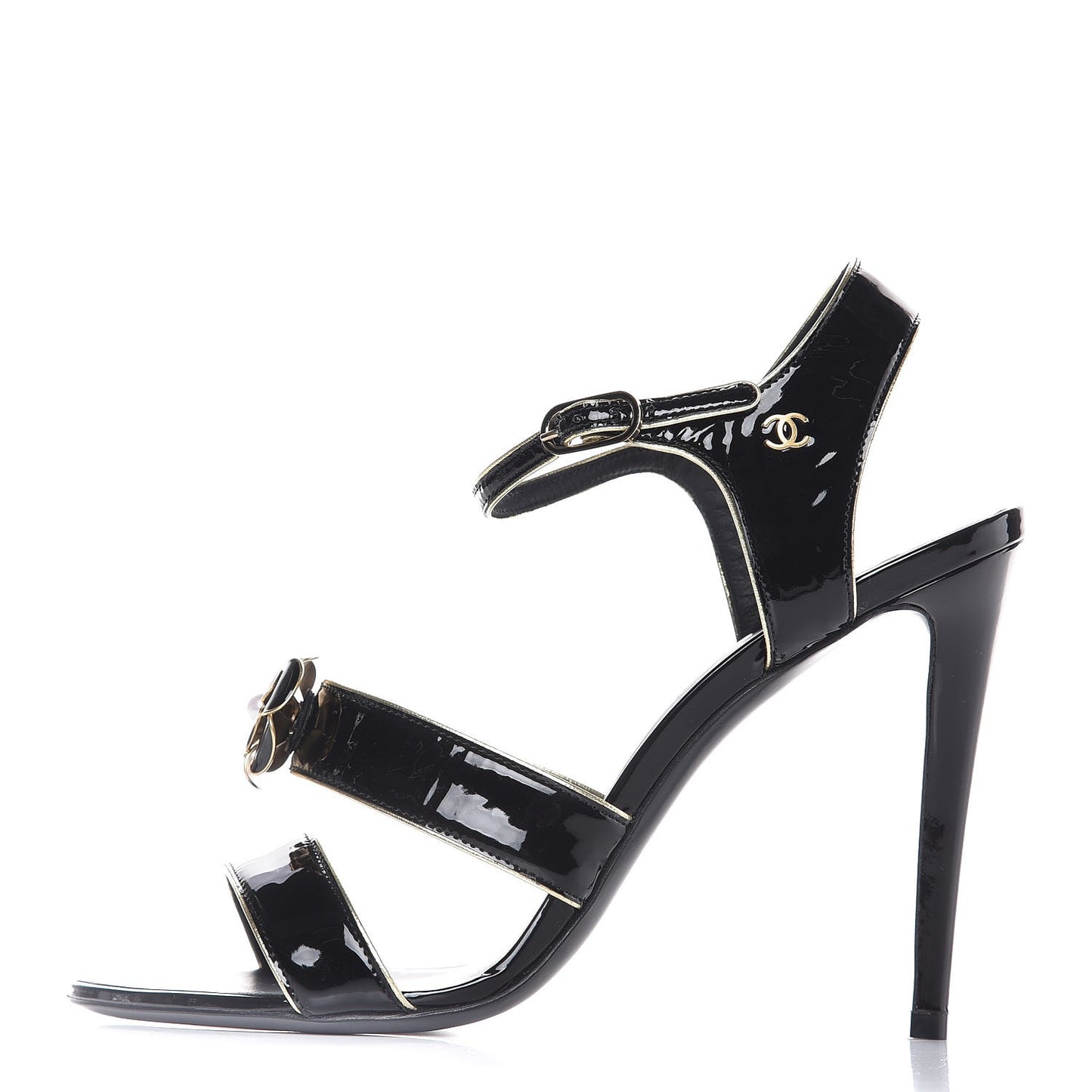 Patent Goatskin Camellia CC Sandals 41 Black Gold