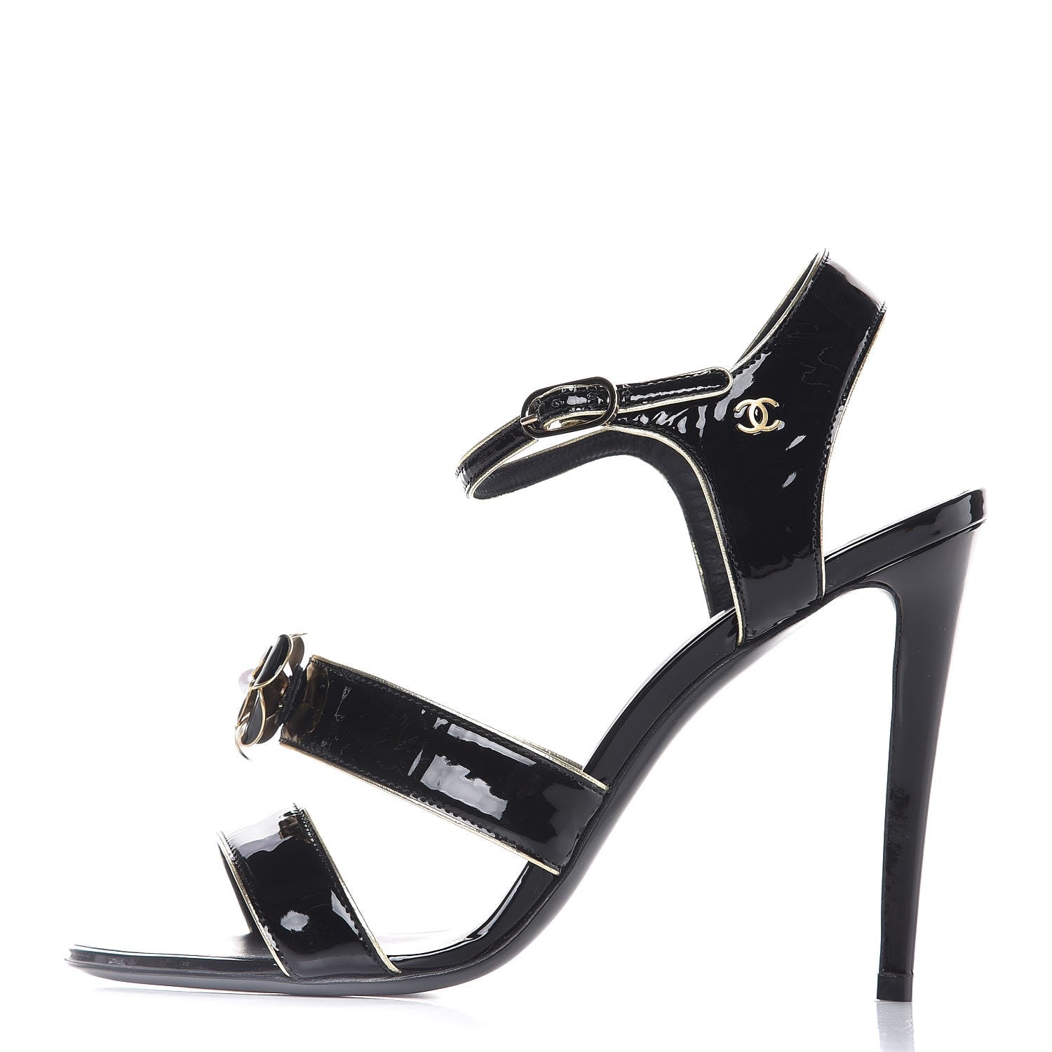 Chanel Patent Goatskin Camellia CC Sandals 41 Black Gold 1 of 9