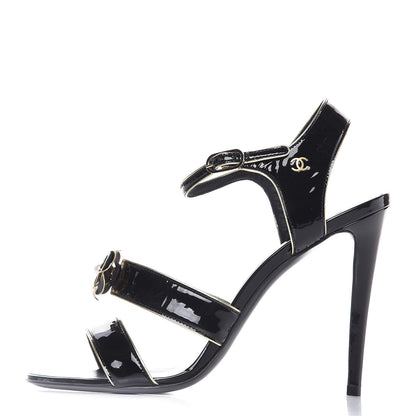 Chanel Patent Goatskin Camellia CC Sandals 41 Black Gold 1 of 9