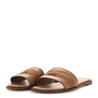 Christian Dior Calfskin Canvas Embroidered Dway Flat Slide Sandals 38 Camel 4 of 9