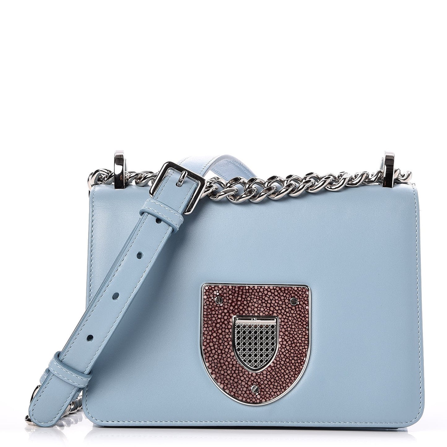 Glossy Calfskin Shagreen Badge Diorama Club Bag Ice Blue