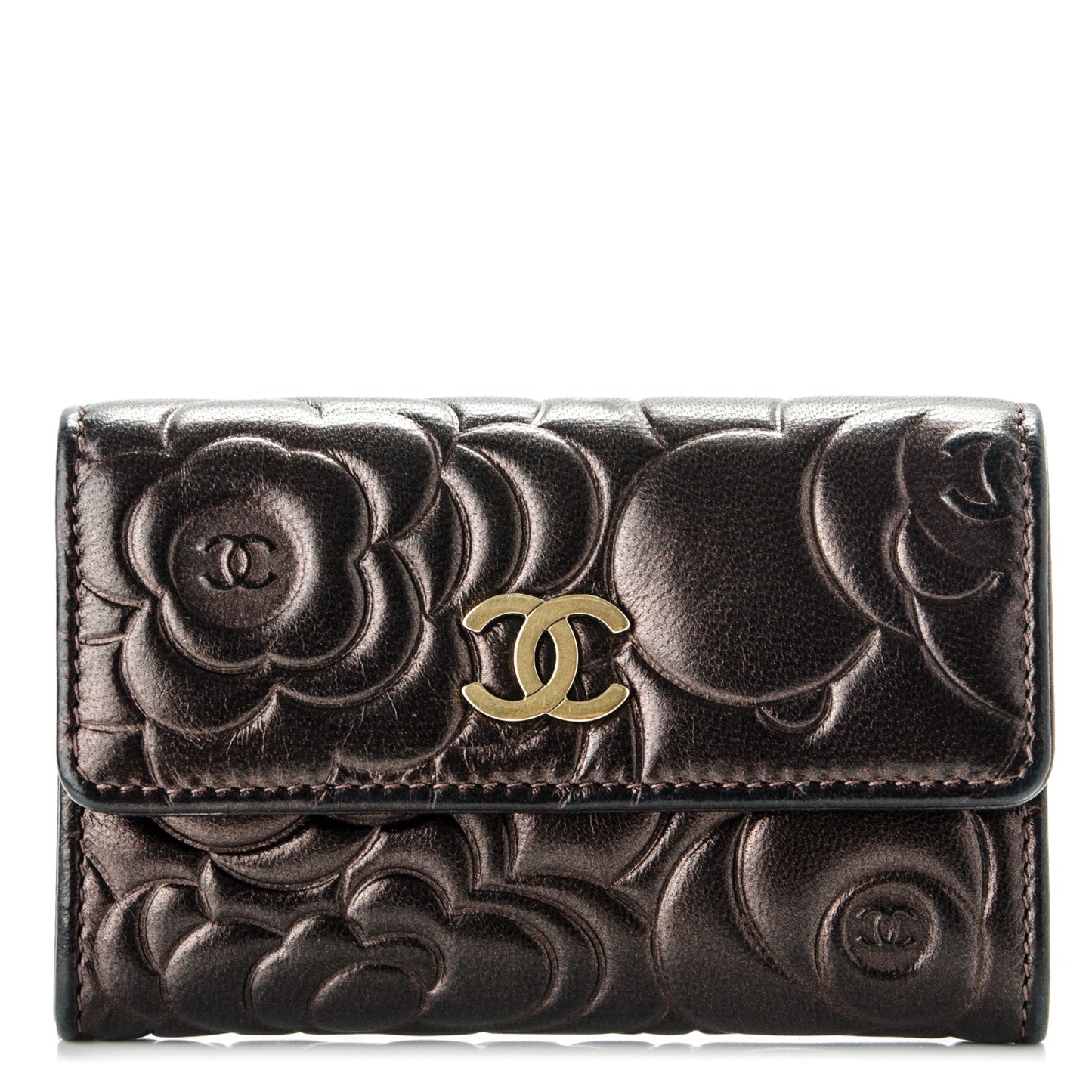 Metallic Lambskin Camellia Embossed Card Holder Brown