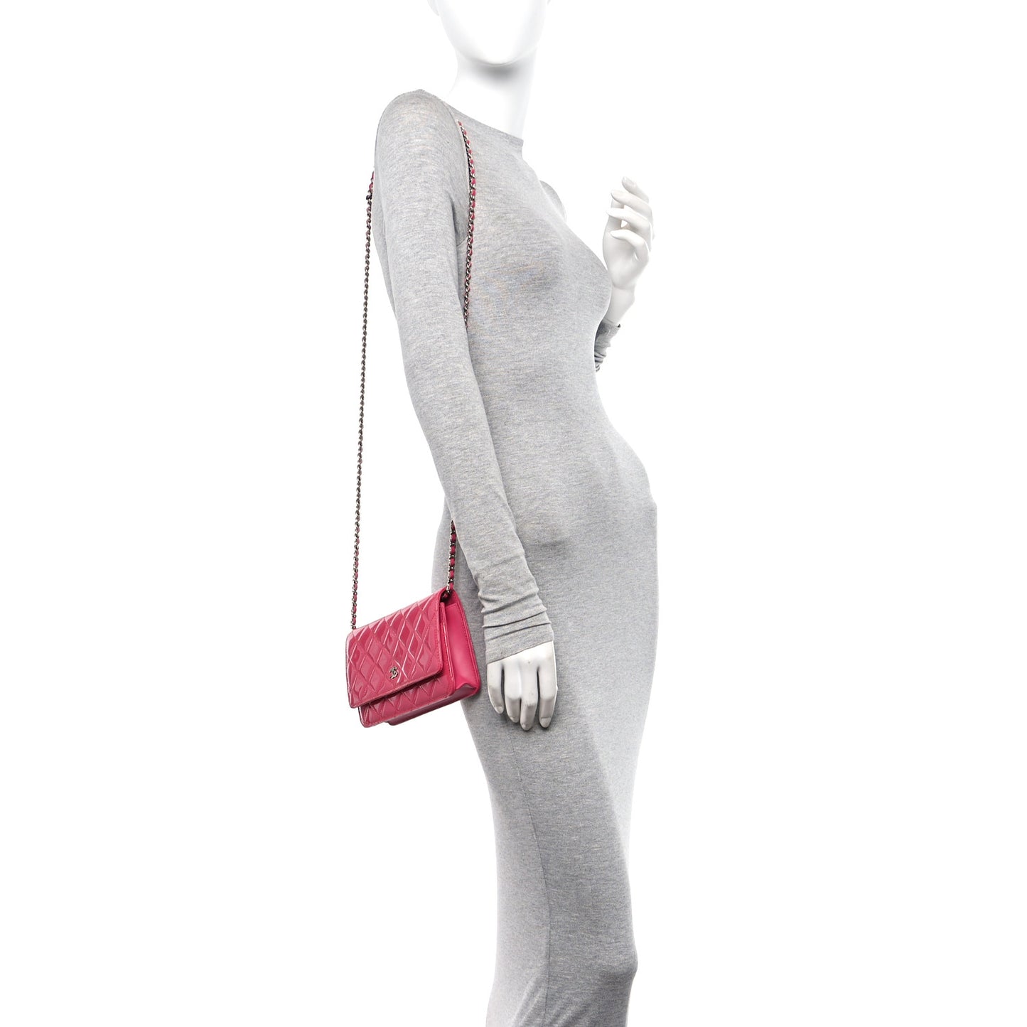Patent Calfskin Quilted Wallet On Chain WOC Pink