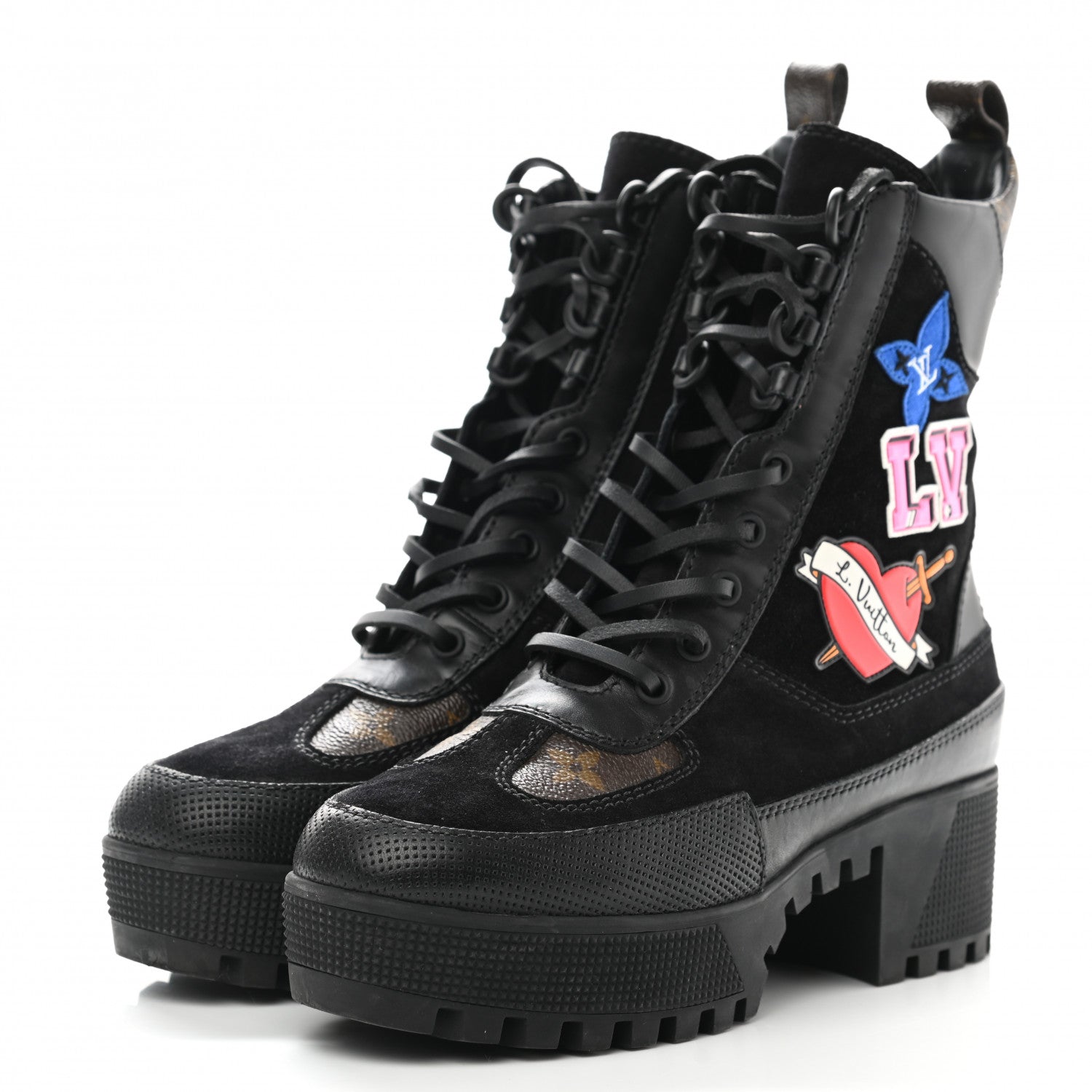 Louis Vuitton Suede Calfskin Monogram LV Black Heart Laureate Platform Desert Boots 36 Black 3 of 7