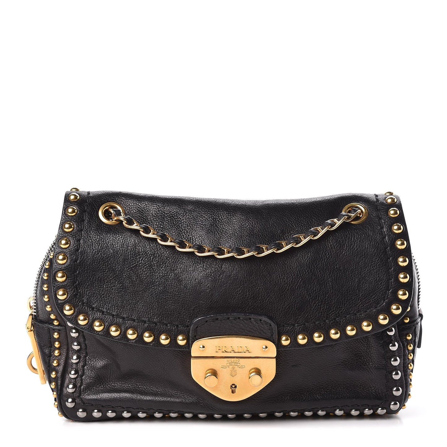 Glace Calf Studded Pushlock Chain Shoulder Bag Black
