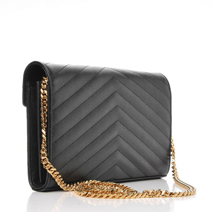 Saint Laurent Grain De Poudre Matelasse Chevron Monogram Chain Wallet Black 3 of 7