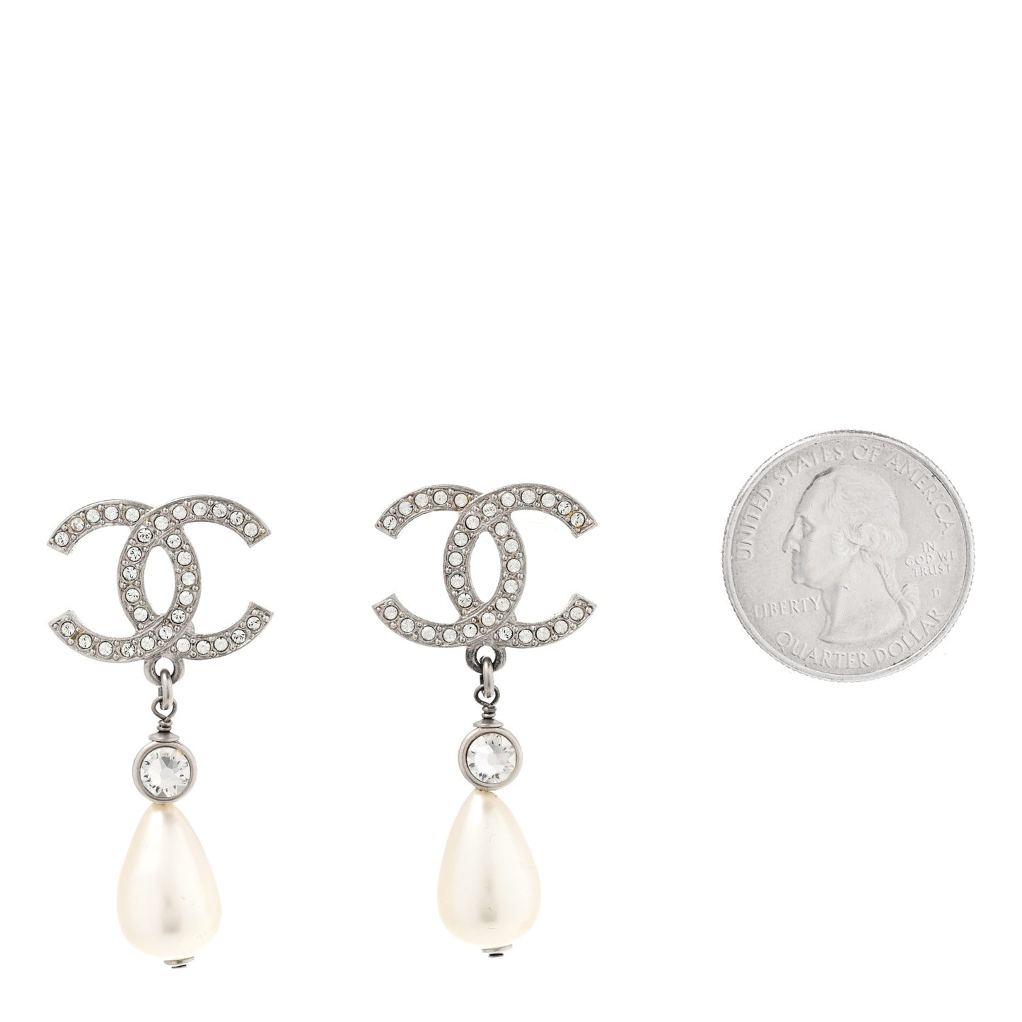 Pearl Crystal CC Drop Earrings Silver Pearly White