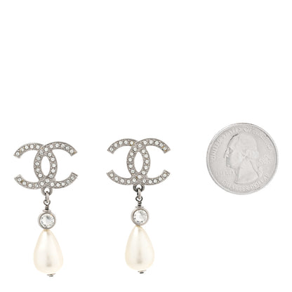 Chanel Pearl Crystal CC Drop Earrings Silver Pearly White 2 of 4