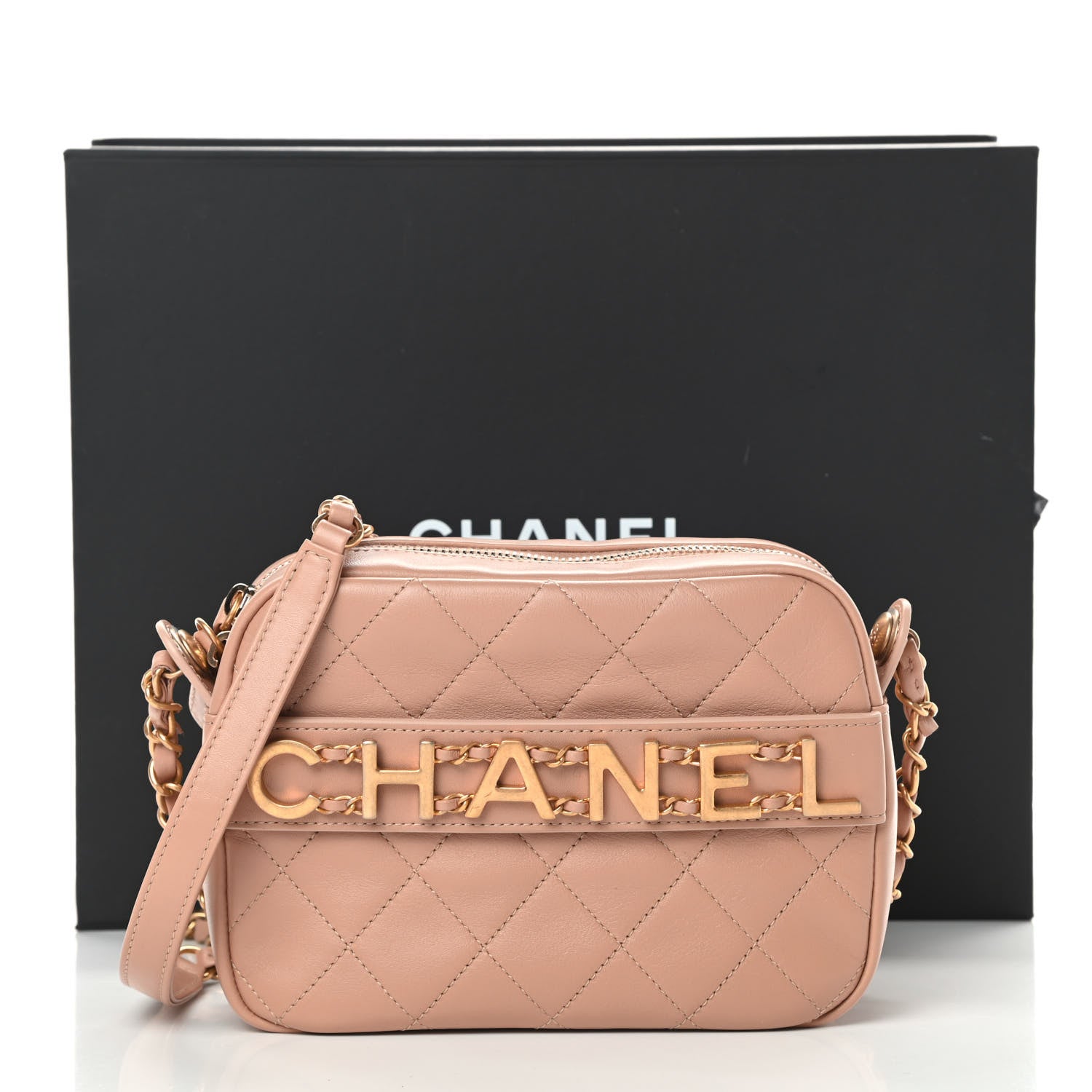 Chanel Calfskin Quilted Enchained Camera Case Bag Beige 11 of 11