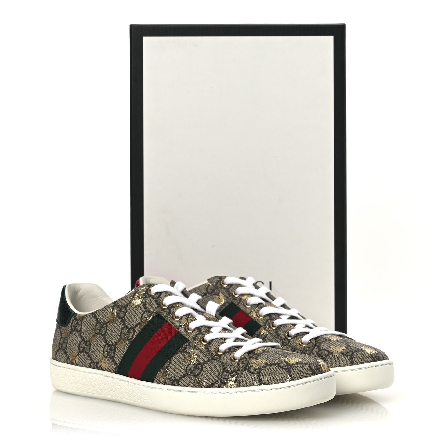 GG Supreme Monogram Bees Ayers Web Womens Ace Sneakers 38.5 Beige Oro Green Red