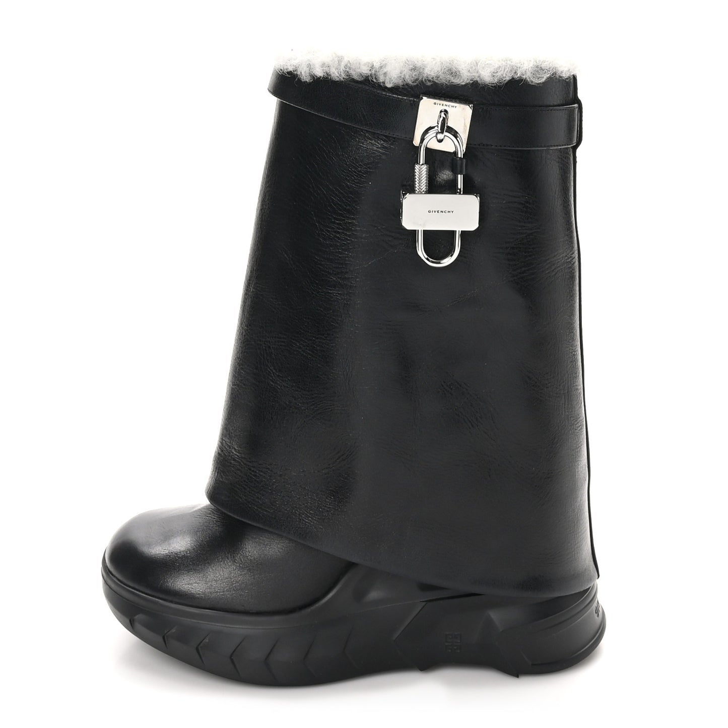Crinkled Calfskin Shearling Shark Lock Biker Ankle Boots 39 Black Natural
