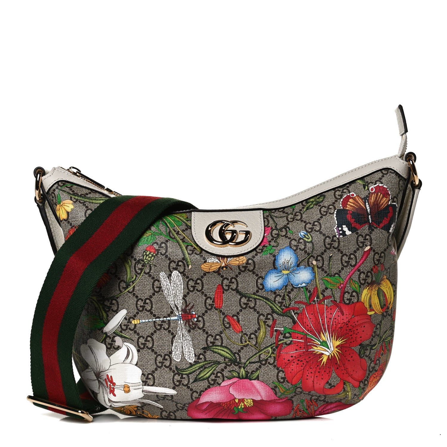 Gucci GG Supreme Monogram Flora Web Small Ophidia Half Moon Hobo White 1 of 14