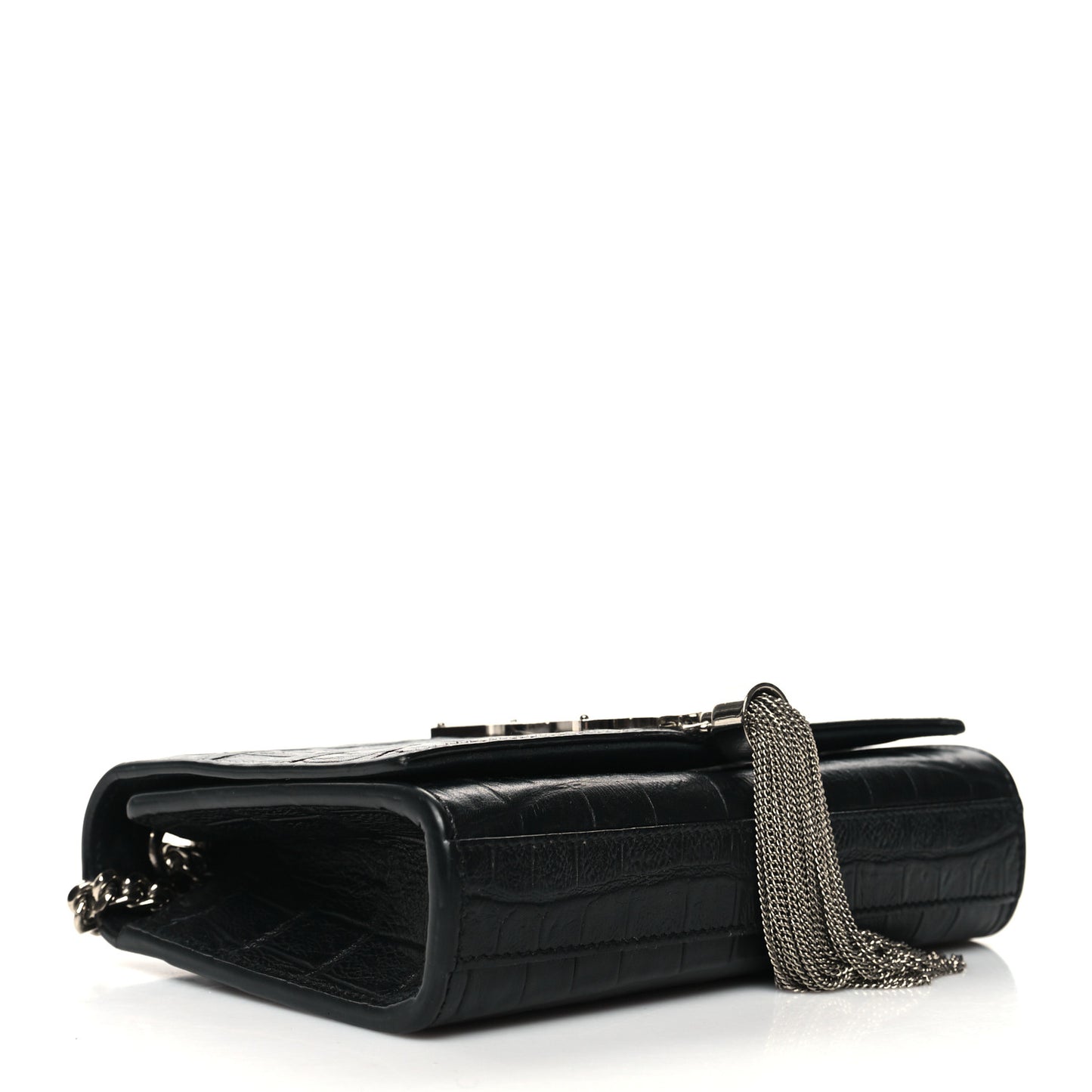 Calfskin Crocodile Embossed Small Classic Monogram Kate Tassel Satchel Black