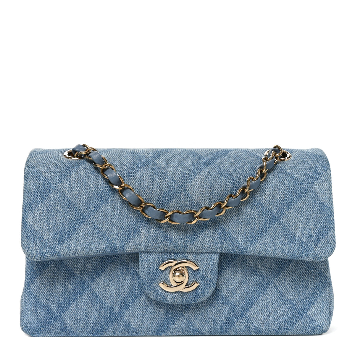Printed Denim Quilted Small Double Flap Light Blue