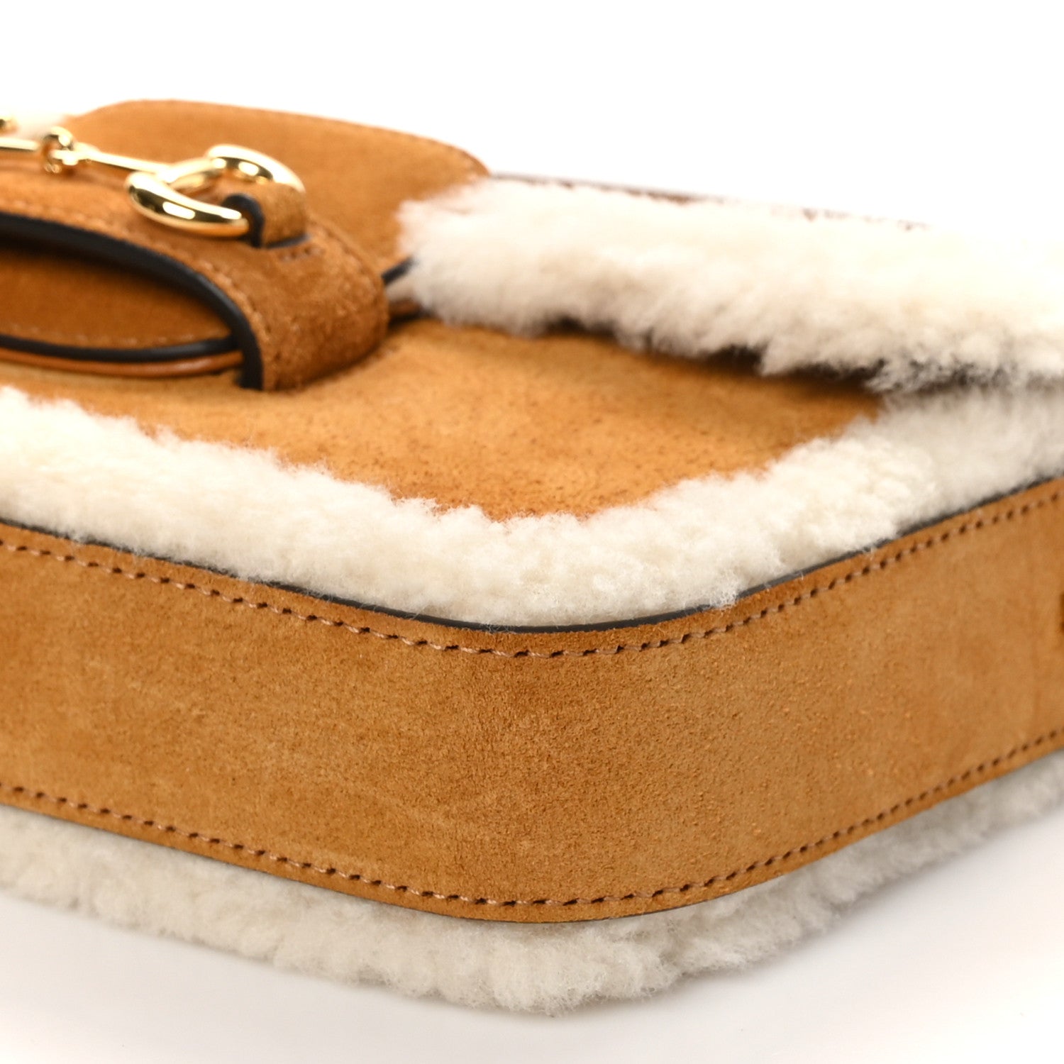Gucci Suede Shearling Horsebit Mini 1955 Shoulder Bag Honey Beige Milk 12 of 12
