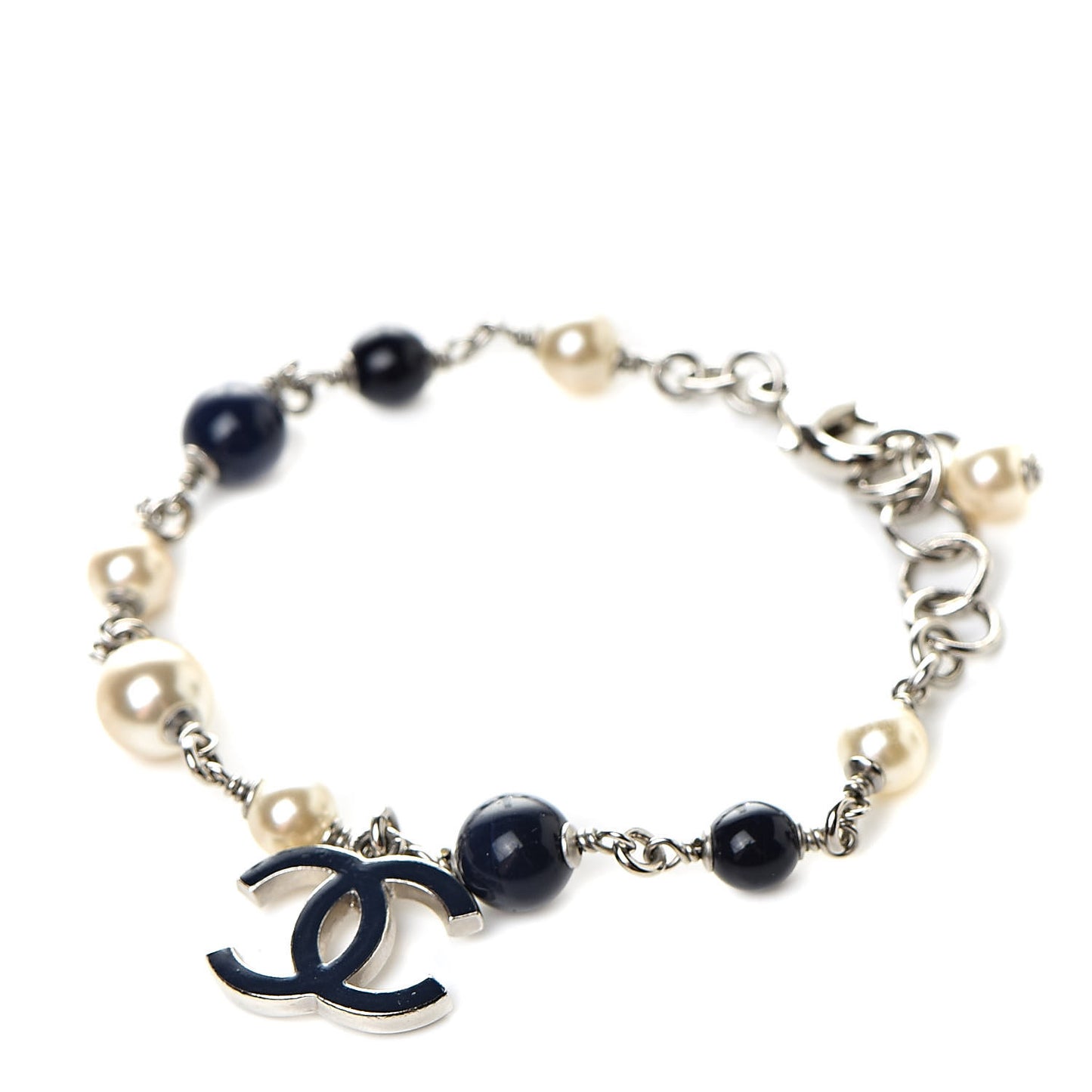 Enamel Pearl Beaded CC Bracelet Navy Silver